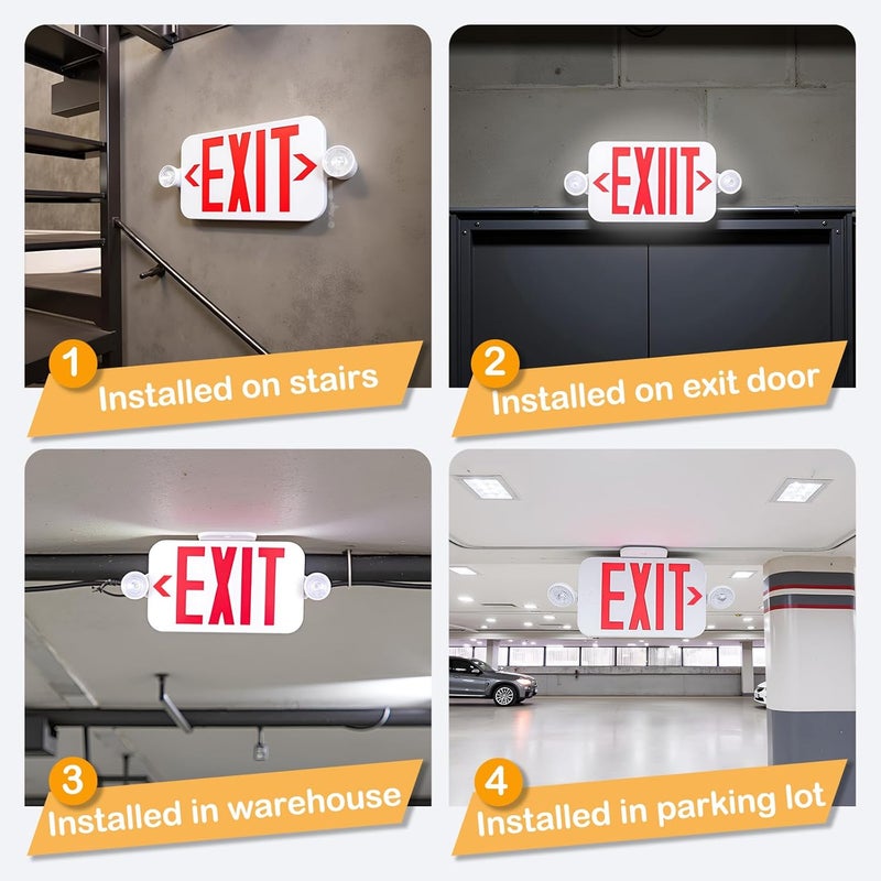 LIT-PaTH LED Combo EXIT Sign with 2 Adjustable Head Lights and Double Face, Back Up Batteries- US Standard Red Letter Emergency Exit Lighting, UL 924 and CEC Qualified, 120-277 Voltage, 2-Pack - Image 5